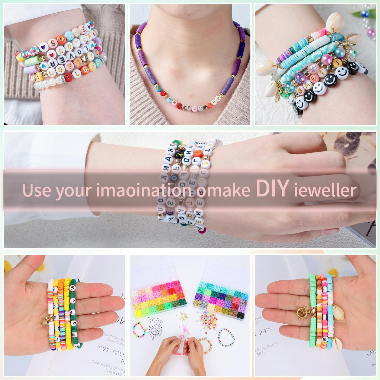 SJZWSD 6-Box Friendship Bracelet Making Kit - 16,000pcs Clay, Seed & Glass Beads Collection, Letter Beads, Charms SJZWSD