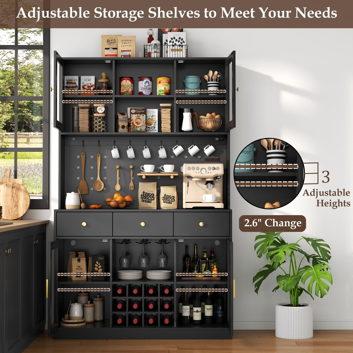 72" Tall Wine Bar Cabinet with Storage Hutch & Pegboard, Coffee Bar Cabinet with LED Lights, Modern Liquor Cabinets with 9-grid Wine & Glass Racks, Pantry Cabinet for Kitchen, Living Room (Black) Auromie