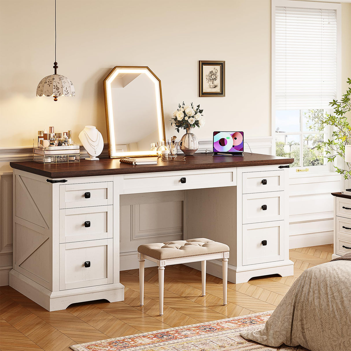 EnHomee 55" Computer Desk with 7 Drawers Farmhouse Computer Desk with Charging Station Home Office Desk for Study, Bedroom, Living Room, Office Desk,Desk,Brown+White,Dark Rustic Oak EnHomee