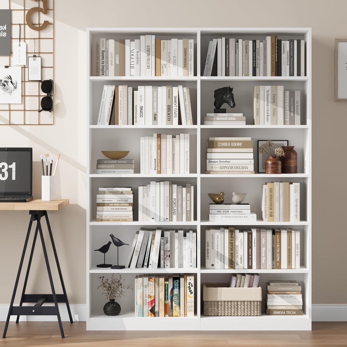 FACBOTALL Bookshelf and Bookcase, 6-Tier Double Wide Bookshelves,Freestanding Display Storage Shelves, Tall Bookcases for Home Decor Bedroom, Living Room, Home Office,White FACBOTALL