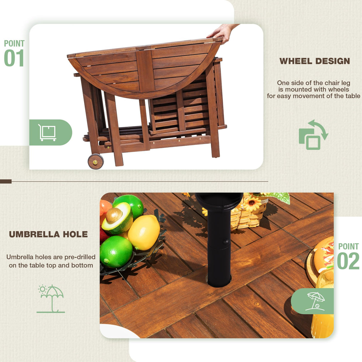 Devoko 5 PCS Patio Furniture, Patio Dining Set Acacia Wood Outdoor Table and Chairs, with 4 Folding Chairs and 37" Round Movable Table, Outdoor Dining Set for Lawn, Balcony, Garden Devoko