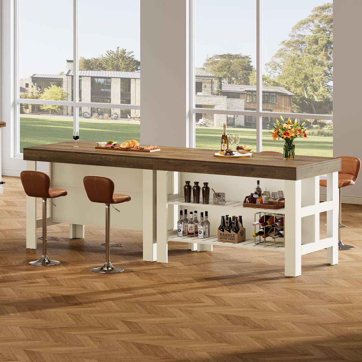 Tribesigns Home Bar Table Unit with Storage Shelves, 55.1-Inch Farmhouse Counter Height Bar Cabinet for Kitchen Dining Room Tribesigns