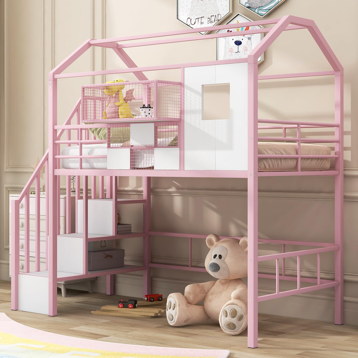 Twin Size House Loft Bed with Stairs and Storage, Heavy-Duty Metal Princess Loft Bed Frame with Storage Box and Safety Rail for Girls Kids Teens, Pink Bellemave