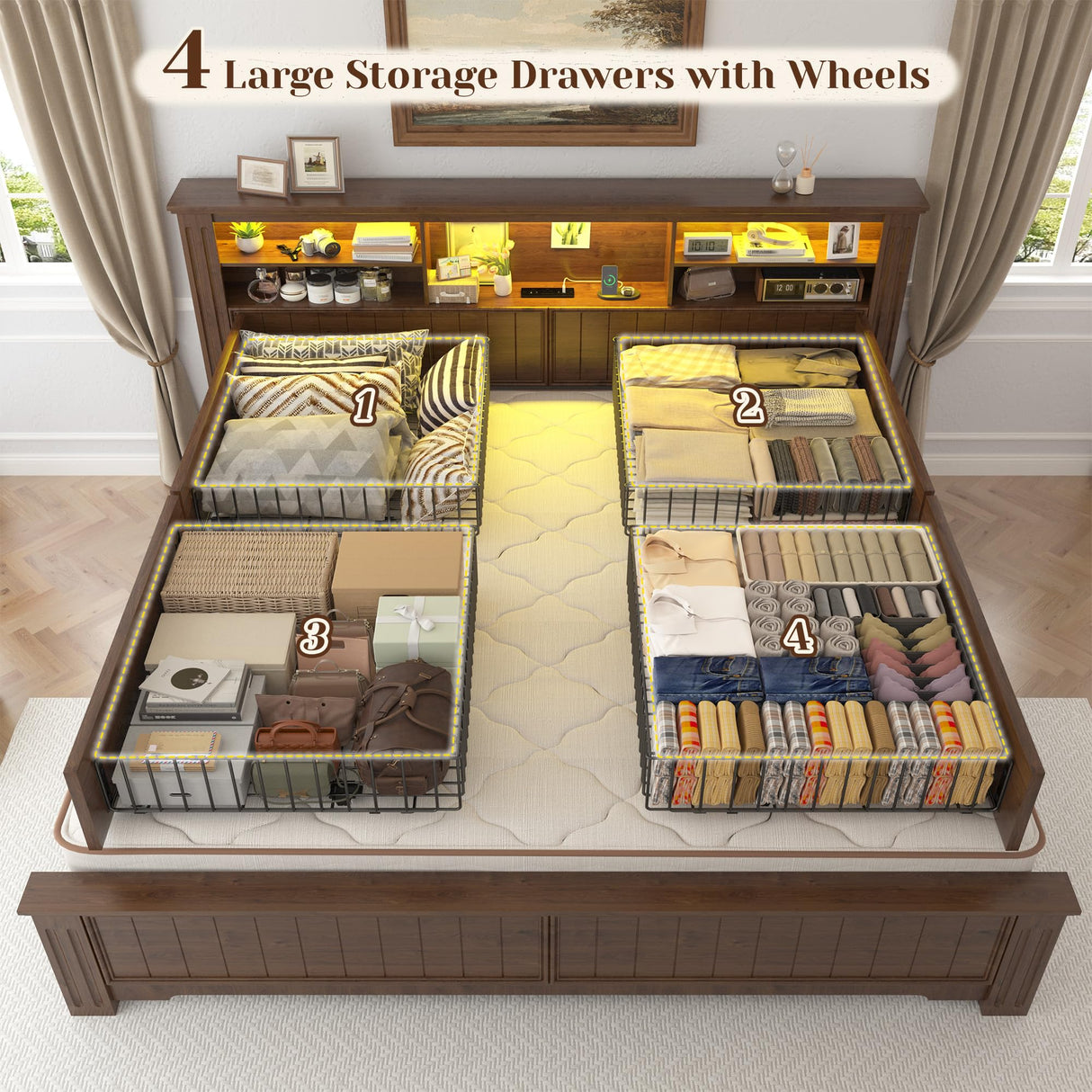 EnHomee King Size Bed Frame and Headboard & Storage, 4 Drawers & LED & USB King Bed Frame with Storage Farmhouse, Built in Charging Station,NO Noise,No Box Spring Needed,Brown EnHomee