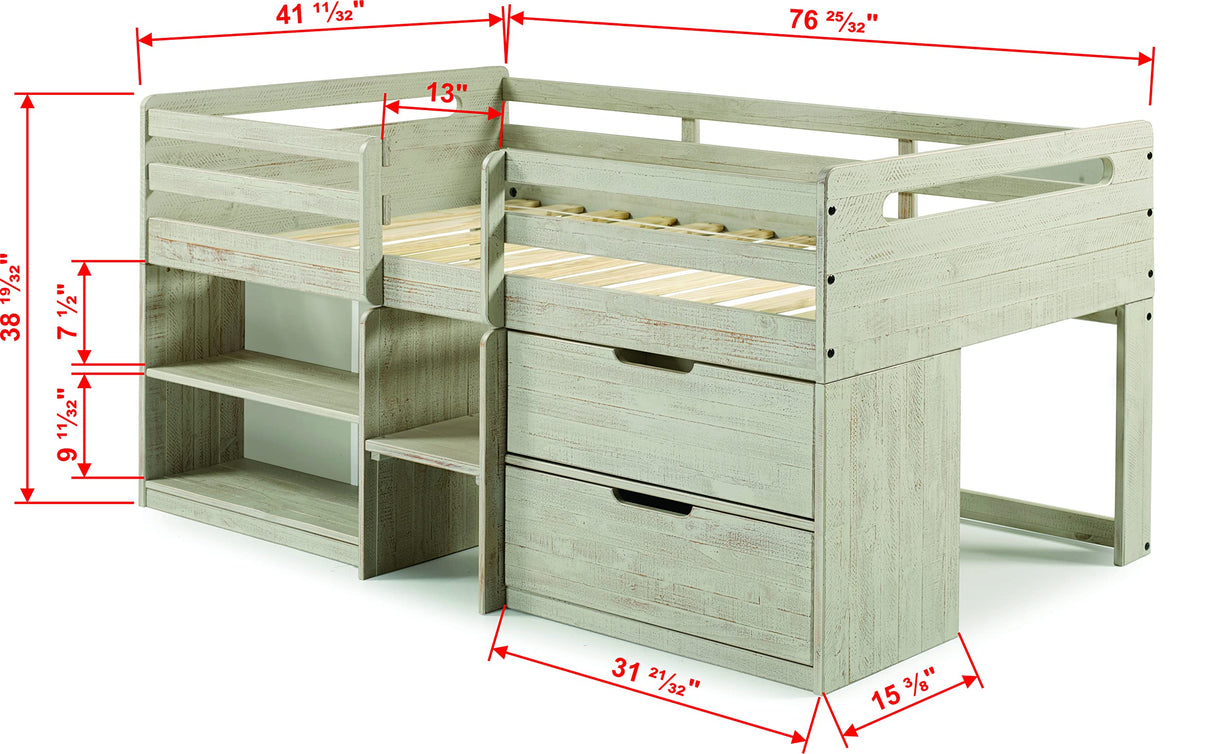 Donco Kids Twin Low Loft Bed with Bookcase and Storage Chest, Twin, Rustic Light Grey Donco Kids