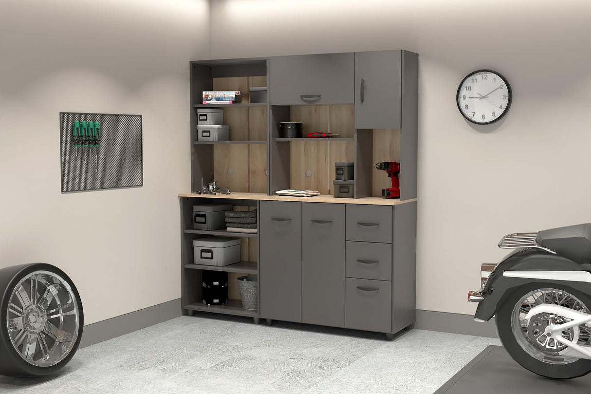 Inval Proforte 2-Piece Garage Storage Cabinet Set with 1 Large Cabinet, 3-Drawer Cabinet, Adjustable Shelves, Dark Gray/Maple Inval