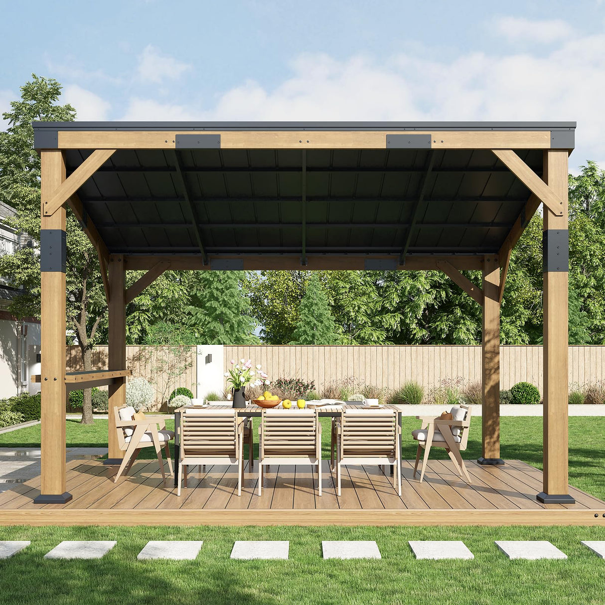 AMERLIFE 10x14 FT Hardtop Wood Grill Gazebo with Permanent Galvanized Steel Lean to Canopy & Built-in Bar Shelf – Outdoor BBQ Gazebo Pergola for Deck, Backyard, Garden AMERLIFE