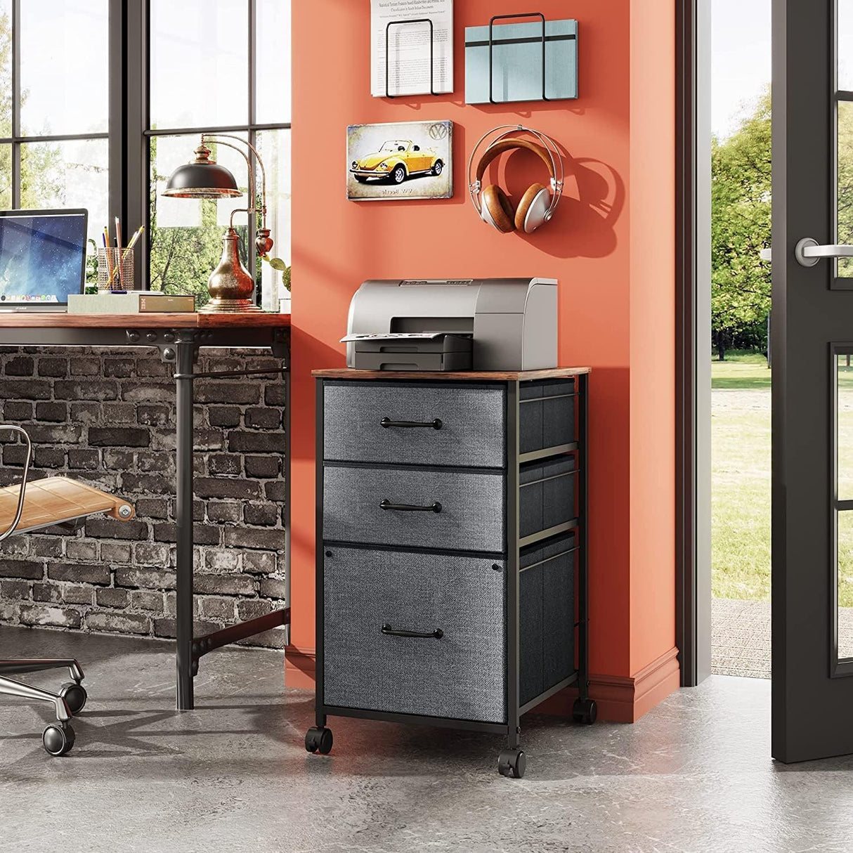 DEVAISE Mobile File Cabinet, Rolling Printer Stand with 3 Drawers, Fabric Vertical Filing Cabinet fits A4 or Letter Size for Home Office, Rustic Brown DEVAISE