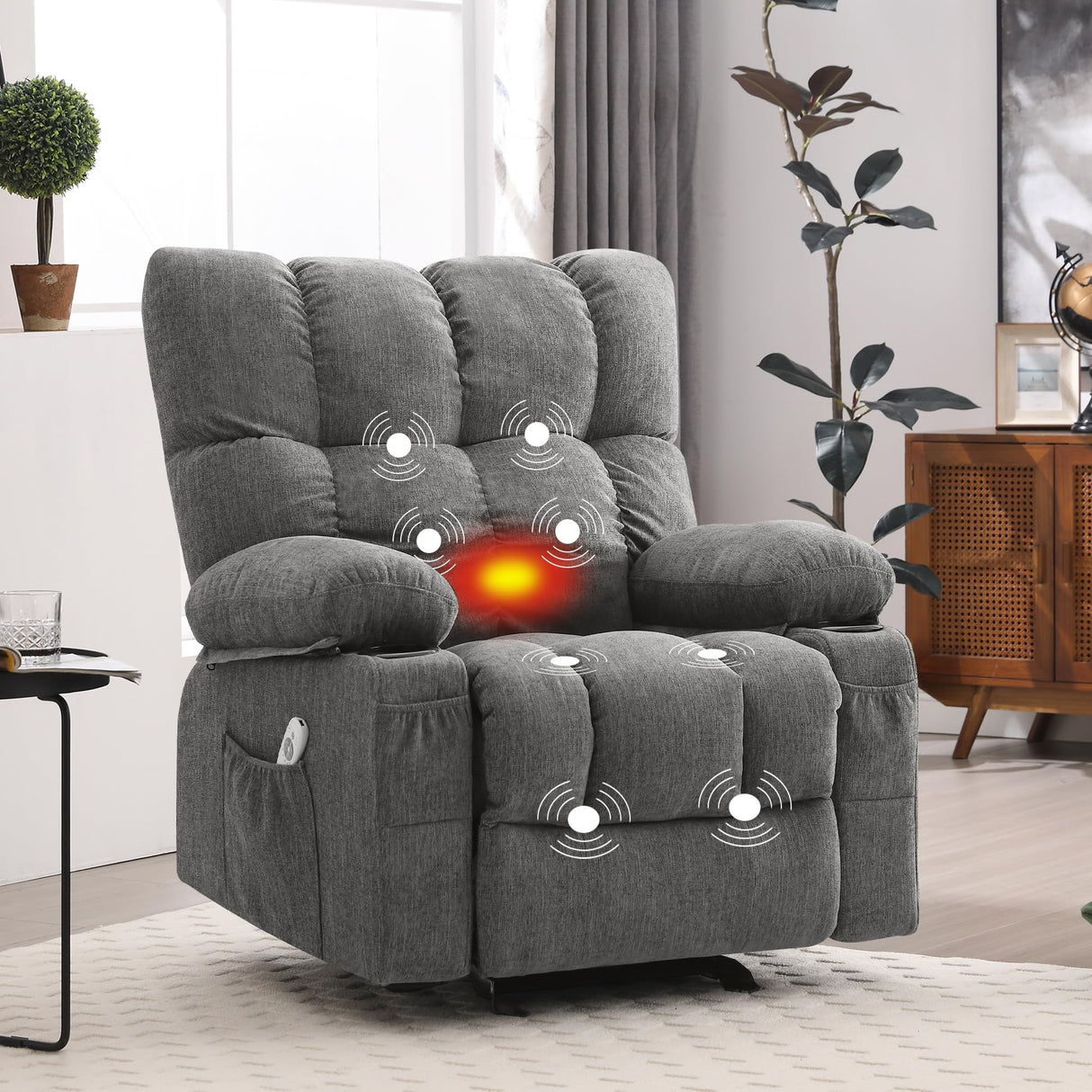 Massage Recliner Chair for Adults with Lumbar Heating Rocker Recliners with 2 Cup Holders and USB Charge Port for Living Room KWKSV