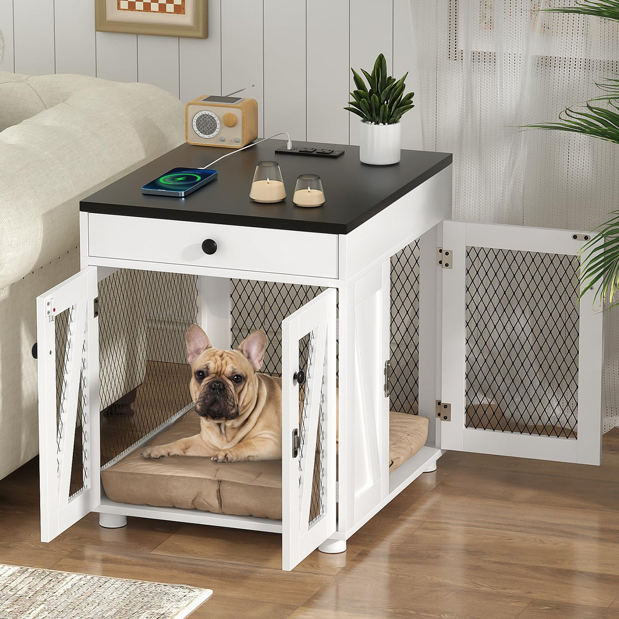 VOWNER Dog Crate Furniture, Wooden Dog Kennel End Table with USB Charging Station, Storage Drawer, Double Latched Door, Furniture-Style Crate Side Table for Small Dogs Under 25 lbs Indoor Use, White VOWNER
