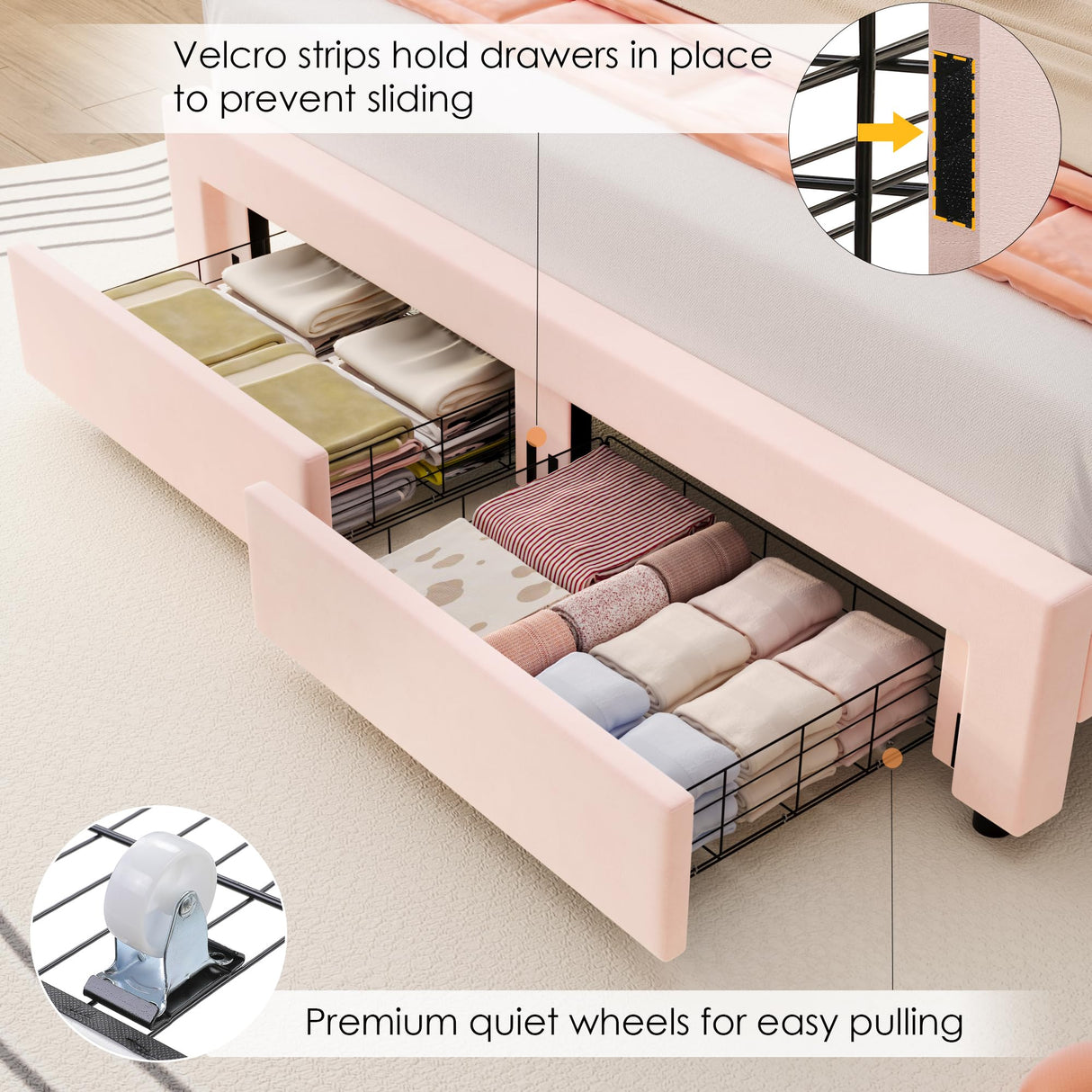 HIFIT Full Size Upholstered Smart LED Bed Frame with 2 Storage Drawers and Adjustable Chic Double Petal Headboard, Princess Platform Bed for Girls, Solid Wood Slats Support/No Box Spring Needed, Pink HIFIT