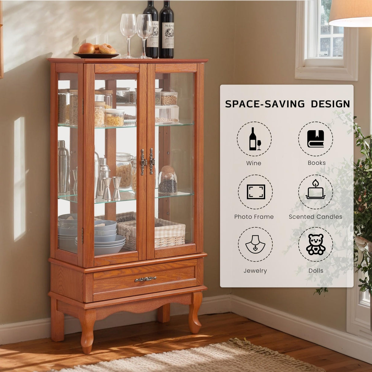 CKEASEAN Lighted Curio Cabinet, 52" H Glass Display Cabinet with Adjustable Shelves, China Cabinet with Tempered Glass Doors for Living Room, Light Blub Included (Dark Oak) CKEASEAN