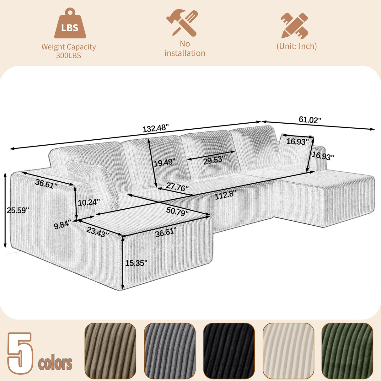 132" Boneless Sectional Cloud Couch Sofa for Living Room, U-Shaped Couch with Double Chaise Lounge, Comfy Memory Foam Modular Sofas Couches for Living Room (Black, 132.48" U-Shaped) OUEEEDD