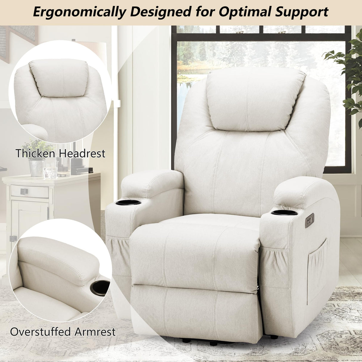 Esright Power Lift Recliner Chair for Elderly, Electric Lift Chair Sofa with Side Pockets, USB & Type-C Ports, Cup Holders, Beige, Fabric Esright