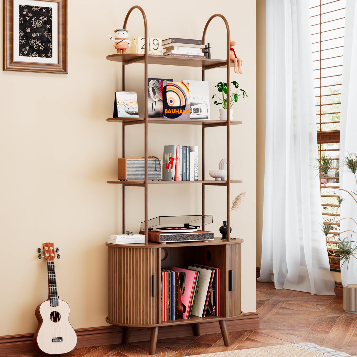 Tall Vinyl Record Player Stand, 4 Tier Arched Bookshelf with Sliding Doors, Retro Small Record Storage Cabinet, Fluted Media Display Shelf, Mid Century Modern Turntable Stand for Living Room, Walnut Woemtoric