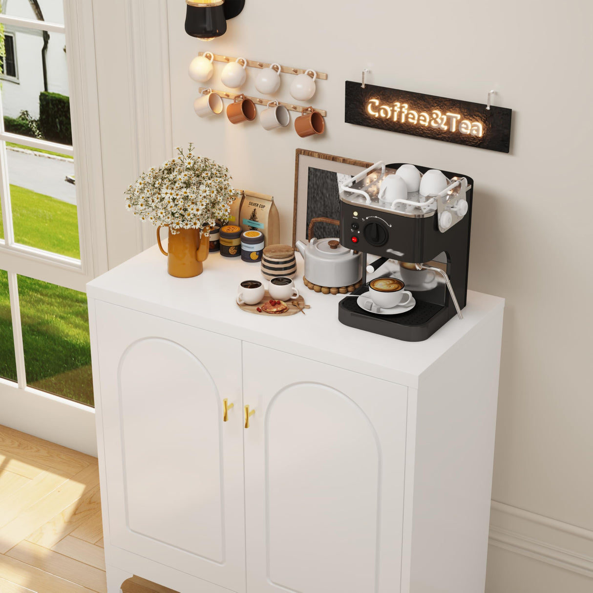 TIMELESS PIECES Coffee Bar Cabinet,Kitchen Storage Cabinet,Buffet Cabinet with Storage and Adjustable Shelf,White Sideboard Buffet Cabinets for Living Room TIMELESS PIECES