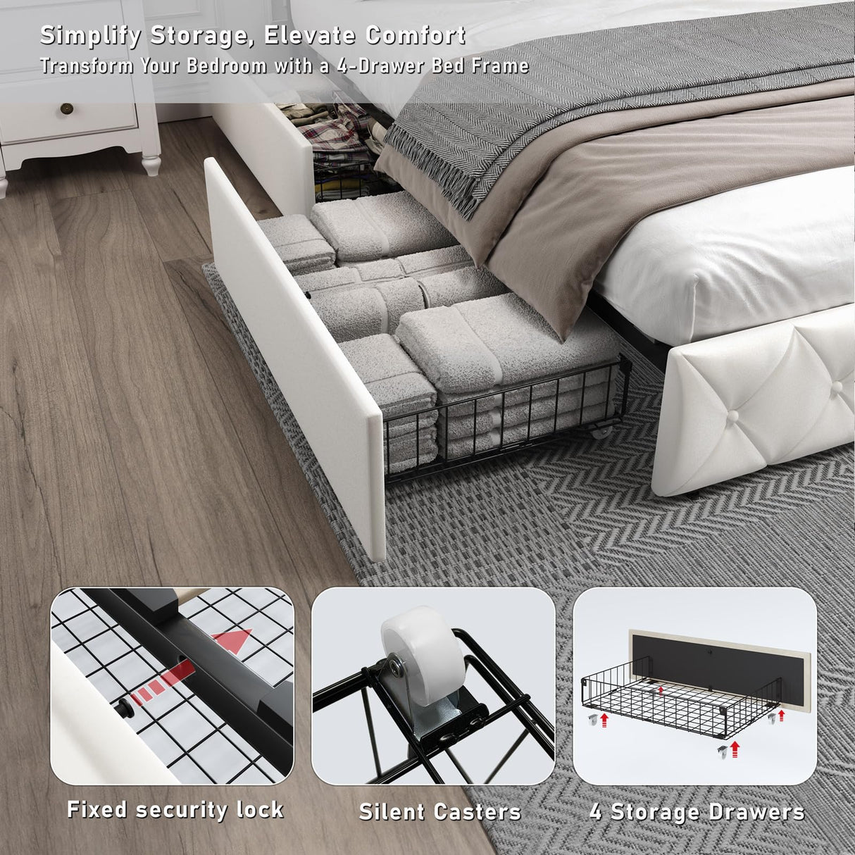 Elegant White Queen Bed Frame with LED Headboard, Storage Drawers, and Fast Charging Station XEPAMU