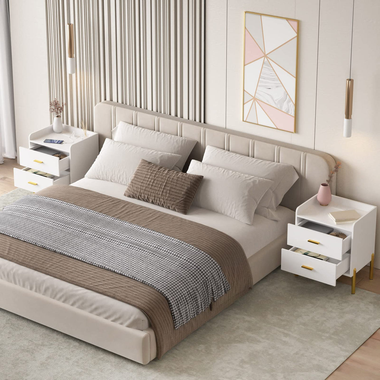 White Nightstand Set of 2,Mid Century Modern End Table with Charging Station,Farmhouse Storage Night Stand Bedside with 2 Drawer HOSEOKA