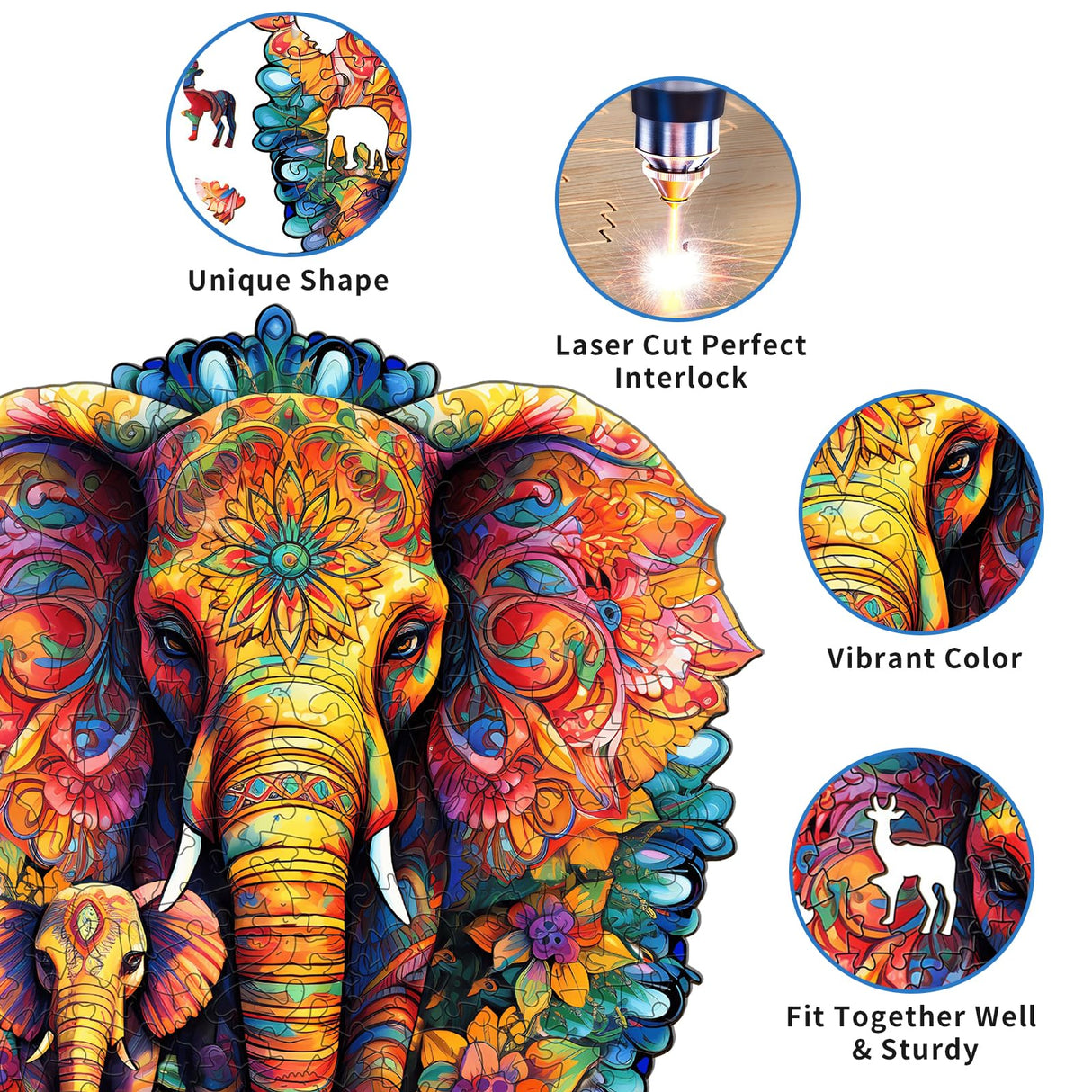 Woodemon Wooden Puzzles for Adults, Mandala Elephant (M-200pcs) Wooden Jigsaw Puzzles Kids, 9.6 * 9.3in Unique Shaped Animal Wood Puzzles Adults, Xmas Christmas Puzzles Birthday Gifts Family Games Woodemon