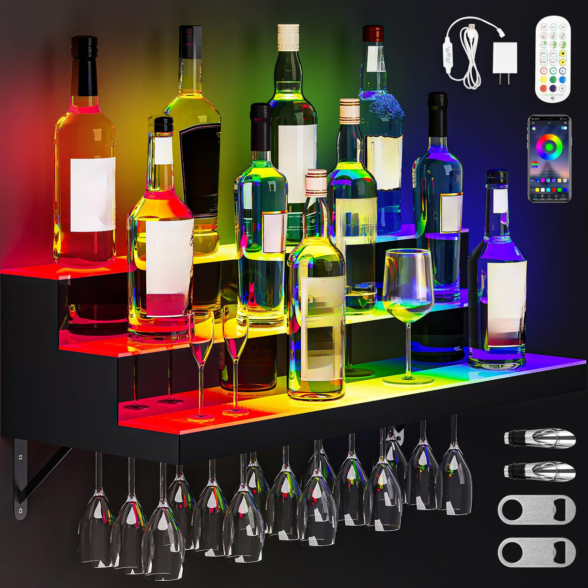 YITAHOME LED Light Liquor Bottle Display Shelf, 3-Step 30-inch Wall Mounted Wine Rack, Acrylic Liquor Shelf with Wine Glass Holder Slots, Remote & App Control for Home Commercial Bar YITAHOME