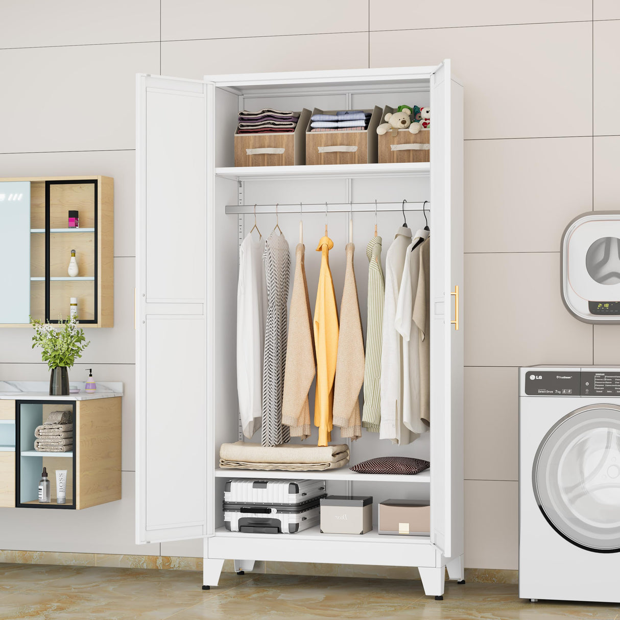 GAIOUS Metal Wardrobe Cabinet with Hanging Rod, 71" Metal Clothing Storage Cabinets with 2 Doors and Adjustable Shelves, White Armoire Wardrobe Closet for Bedroom, Laundry Room, Cloak Room GAIOUS