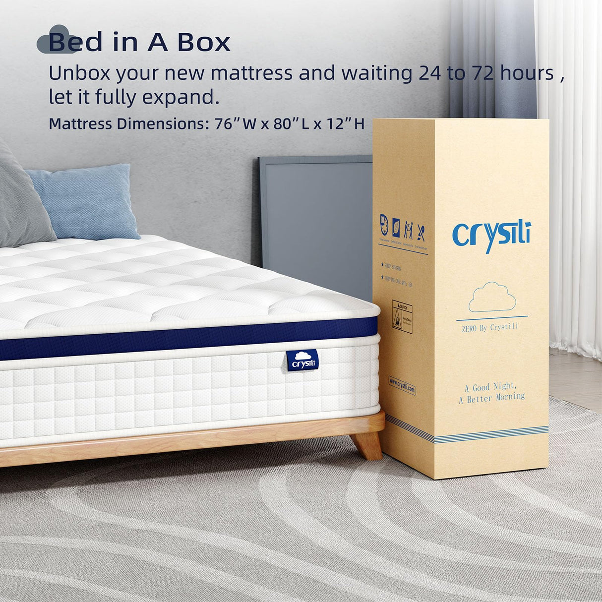 Crystli 12 Inch King Size Mattress Bed in A Box, Hybrid Mattress with Zero Pressure Foam, Innerspring Mattress for Pressure Relief, Motion Isolation, Medium Firm, CertiPUR-US Certified Crystli