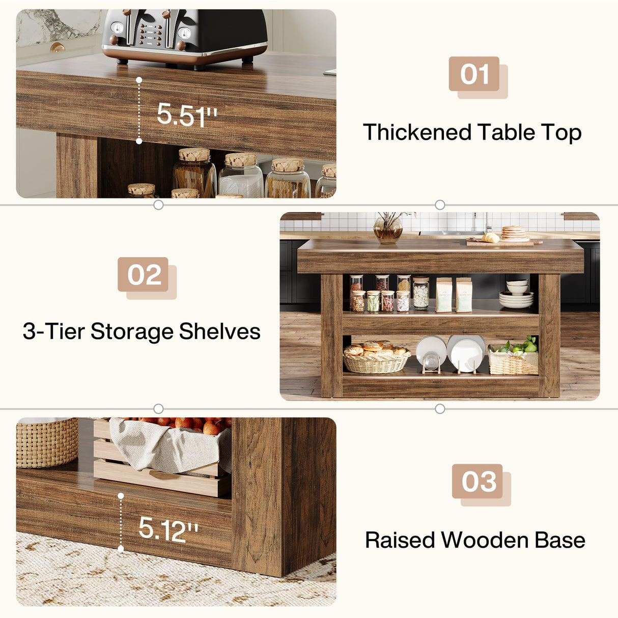 Tribesigns 55-Inch Kitchen Island with Storage, Farmhouse 3-Tier Stationary Island Table with Large Countertop, Wooden Coffee Bar Table Storage Cabinet for Kitchen, Dining Room, Living Room, Brown Tribesigns