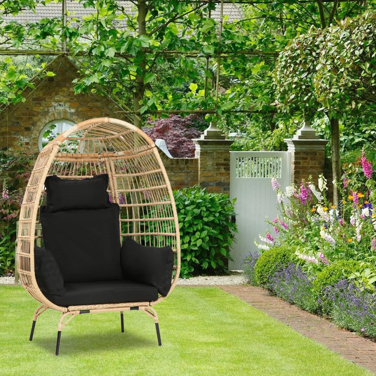 Egg Chair Outdoor Rattan Patio Egg Chair Hand-Woven Oversized Wicker Egg Chair Outdoor Indoor Lounge Chair with Padded Cushions Steel Frame for Living Room Backyard Patio Porch, Black FDW