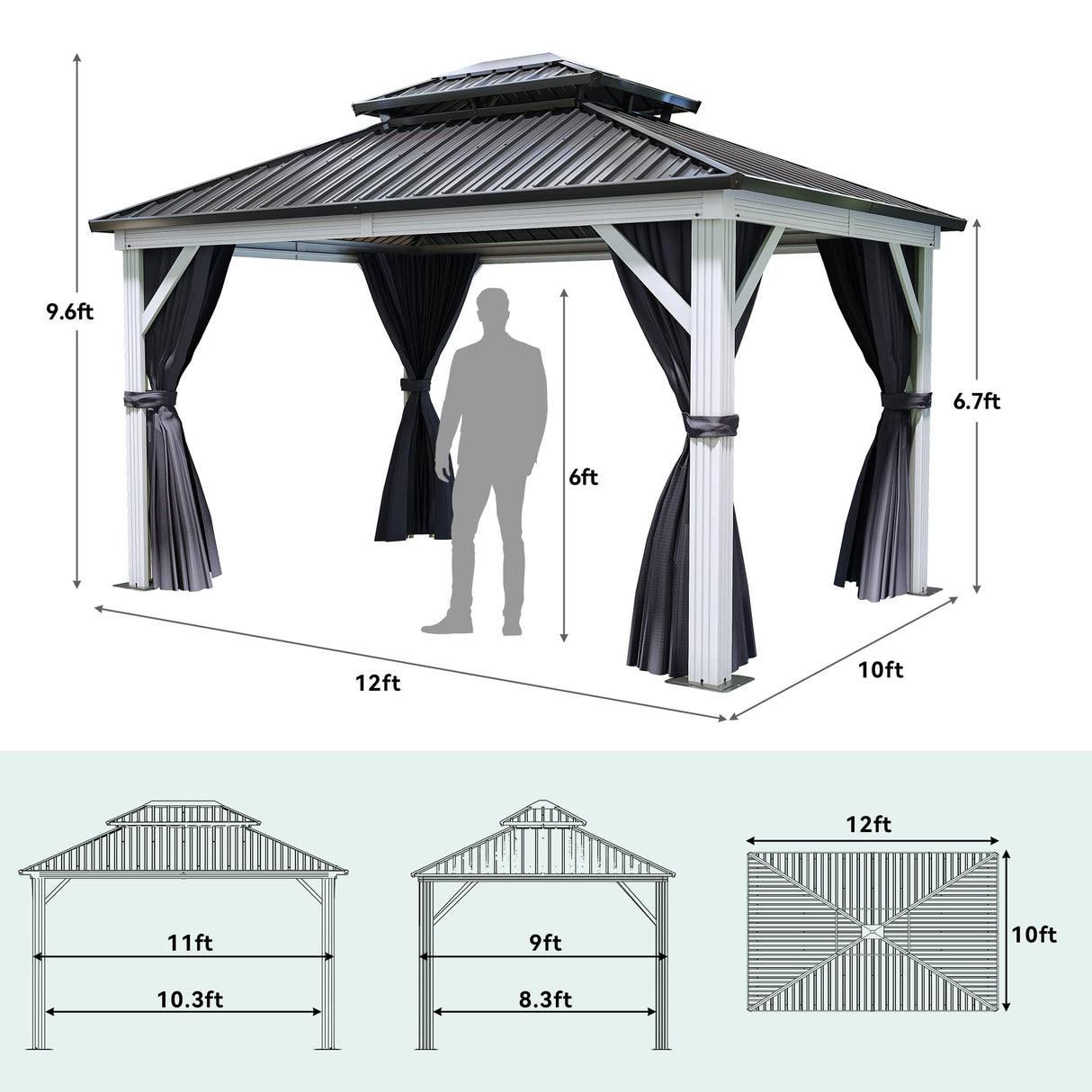 YITAHOME White Gazebo 10x12ft Hardtop Double Roof Canopy Galvanized Iron Aluminum Frame Outdoor Gazebo with Netting and Shaded Curtains Garden Tent for Patio, Backyard, Deck and Lawns, Grey Curtain YITAHOME