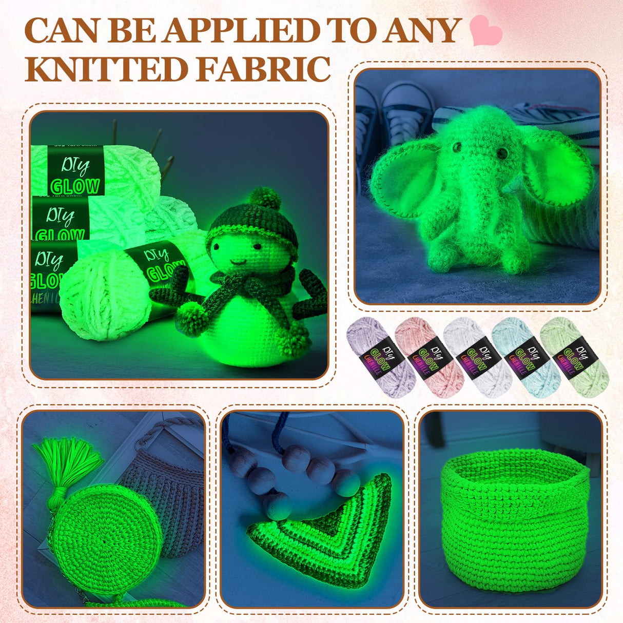 Fanfanwin 5 Rolls Glow in The Dark Chenille Yarn Luminous Crochet Yarn Glow Sewing Craft for DIY Arts Crafts Halloween Knitting Sewing Crocheting Supplies, 76.5 Yard Per Roll Fanfanwin