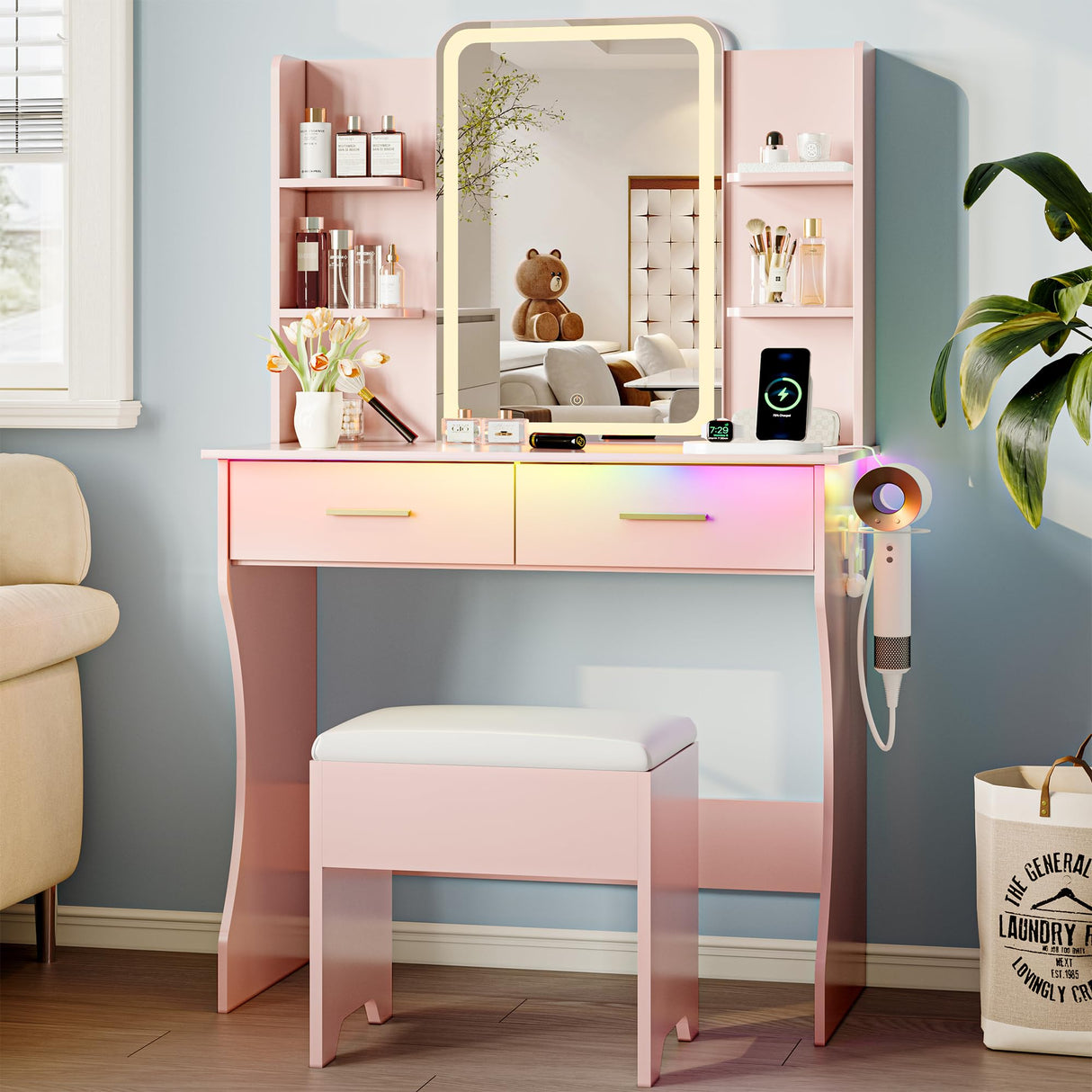Vanity Desk with LED Lights Mirror & Power Outlet, Small Makeup Vanity Table Set with Storage Drawers & Chair, 3 Lighting Modes & Adjustable Brightness, Dressing Table for Women Girls Bedroom, Pink Xixini