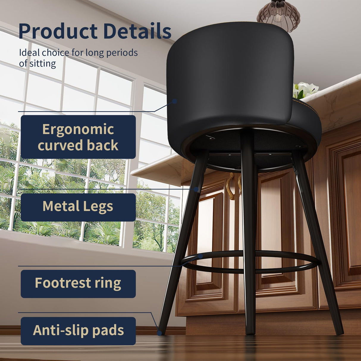 HONIFUR Bar Stools Set of 2, 27 Inch Barstools with Sturdy Legs, Leather Farmhouse Counter Height Bar Stool for Kitchen, Dining, Bar (Swivel, Black, Leather) HONIFUR