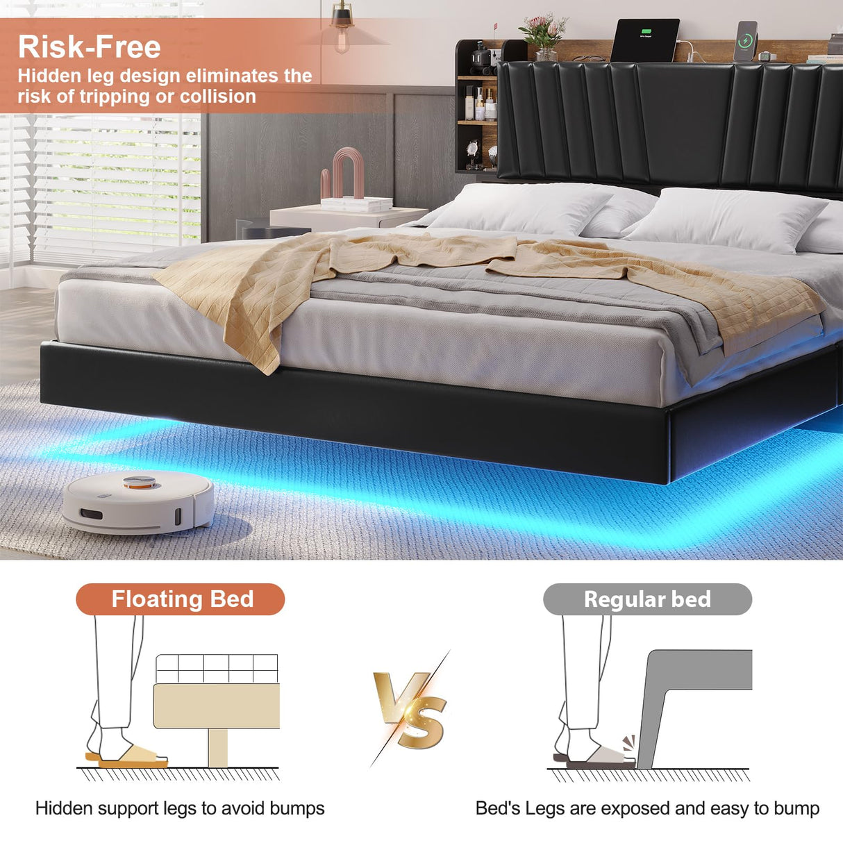 DICTAC California King Floating LED Bed Frame with Storage Headboard and Charging Station in Black and Rustic Finish DICTAC