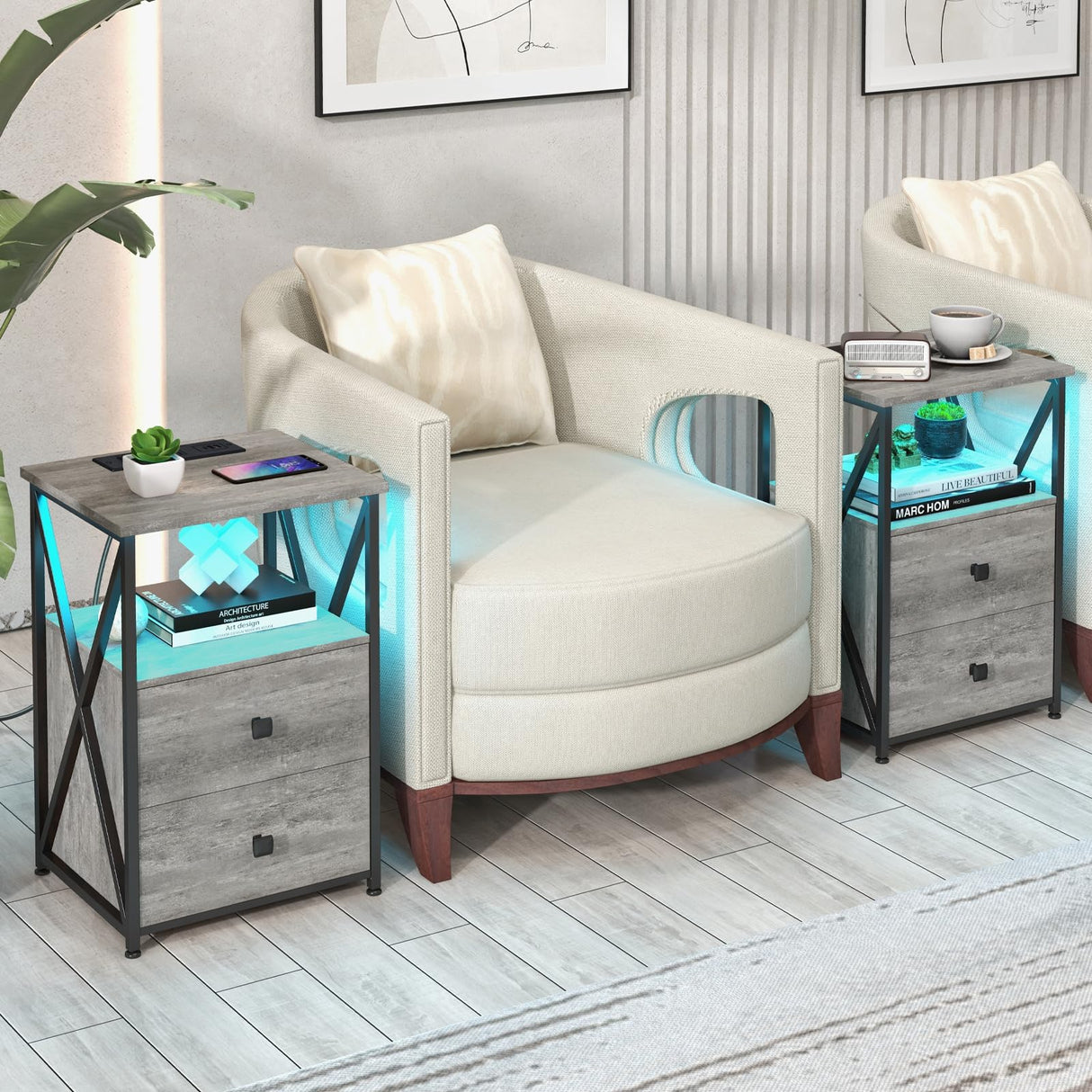 Livofloral LED Nightstand Set 2, Night Stand with Charging Station, Grey Side Table Set of 2 with Wood Drawers, End Tables with USB Ports and Outlets, Bedside Tables for Bedroom, End Table Living Room Livofloral