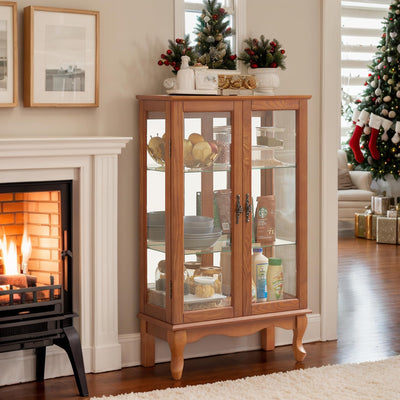 CKEASEAN Lighted Curio Cabinet, 44" H Glass Display Cabinet with 3-Tier Adjustable Glass Shelves, China Cabinet with Mirrored Back Panel for Living Room, Light Blub Included (Dark Oak)