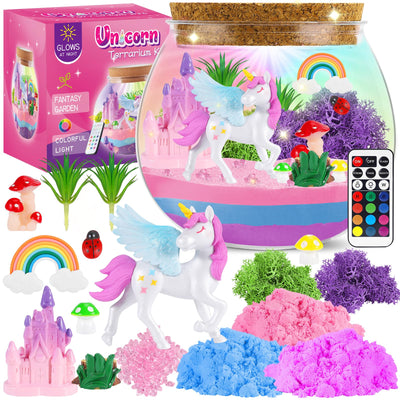 Rofio Unicorn Terrarium Kit for Kids, Unicorn Toys for Girls Age 4 5 6 7 8-12 Year Old, Birthday Gift for Girls, Arts and Crafts Kit for Kids, DIY Toys with 13-Color Remote LED Night Light