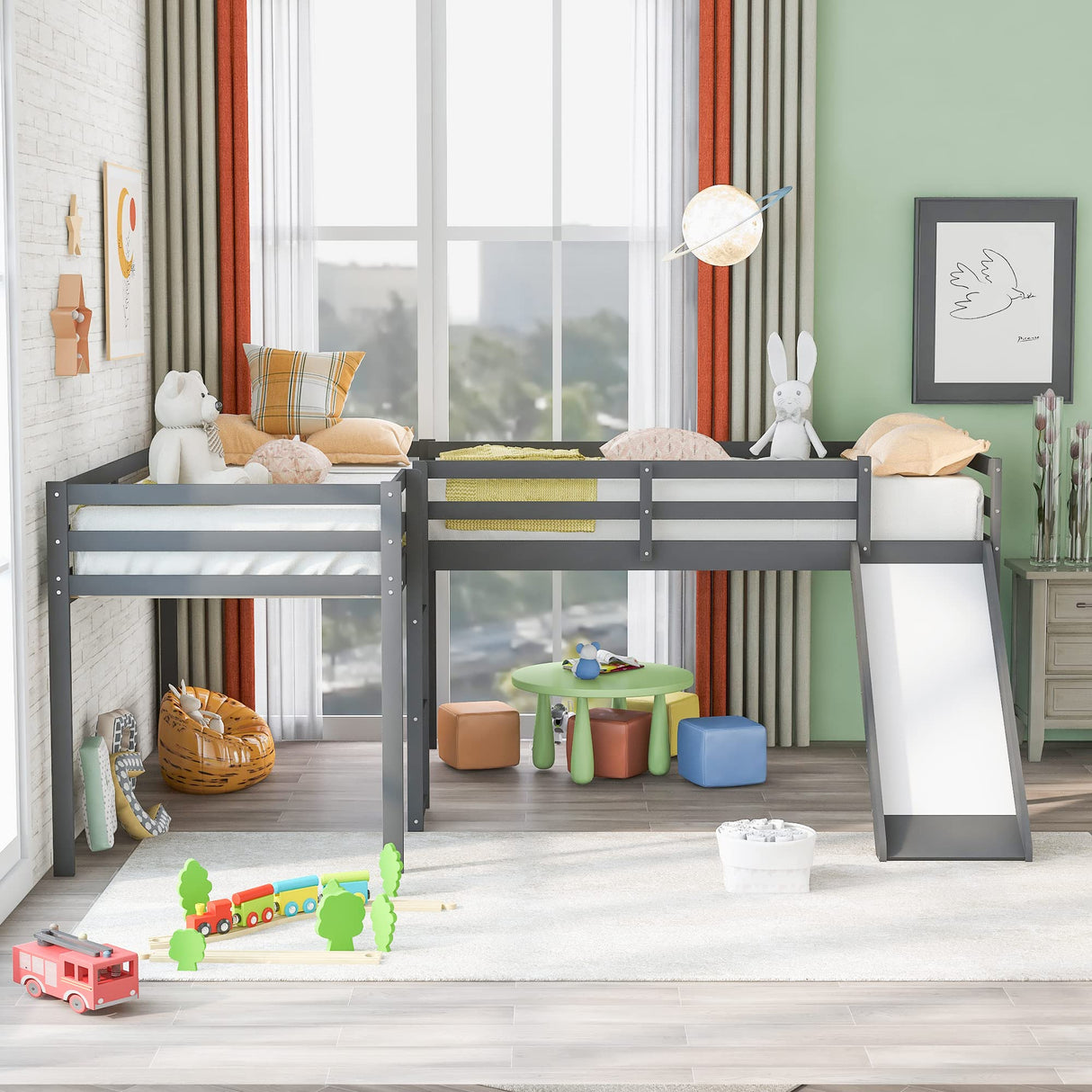 Harper & Bright Designs Twin Loft Bed for Kids, L-Shape Loft Beds with Slide, Low Loft Bed Frame Corner Bunk Bed for Kids, Wooden Loft Bed for Girls Boys Teens (New, Gray) Harper & Bright Designs