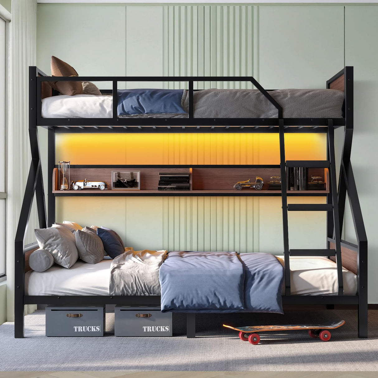 HKOLIE Twin XL Over Queen Bunk Bed with Storage Shelves & LED Lights, Heavy Duty Metal Bunk Bed Frame with Stairs, Noise-Free Design, Space-Saving Bed with Guardrails for Kids, Teens & Adults, Black HKOLIE