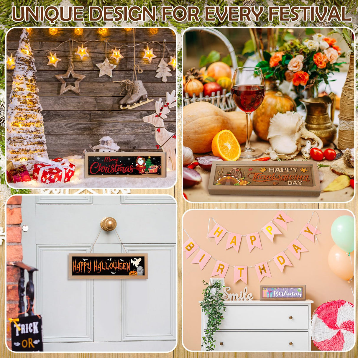 Barydat Interchangeable Season Sign Interchangeable Welcome Wood Sign for Table Decorative Seasonal Sign Decor with a Wooden Frame Wreaths for Fall Thanksgiving Halloween Autumn Decor Barydat