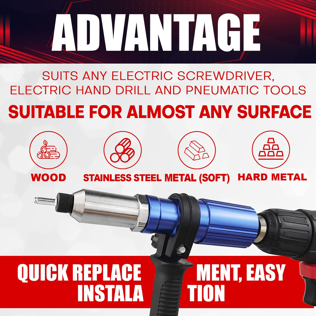 wesleydrill Rivet Gun Adapter Kit,Professional Riveting Insert Nut Hand Tool Kit,2.4/3.2/4.0/4.8mm Diameter Rivet Head, Aluminum Housing, Fit for Cordless Drill,Sheet Metal Work wesleydrill