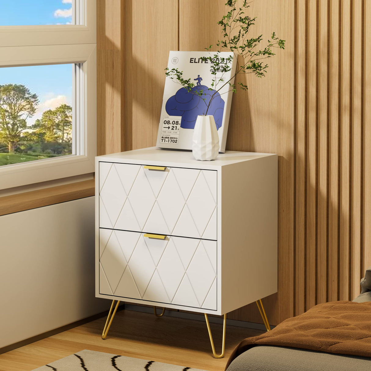 Anbuy White Nightstand Set of 2, End Side Table Double, Bedside Table with 2 Drawers, Dual Night Stand Metal Gold Legs for Bedroom Living Room Anbuy