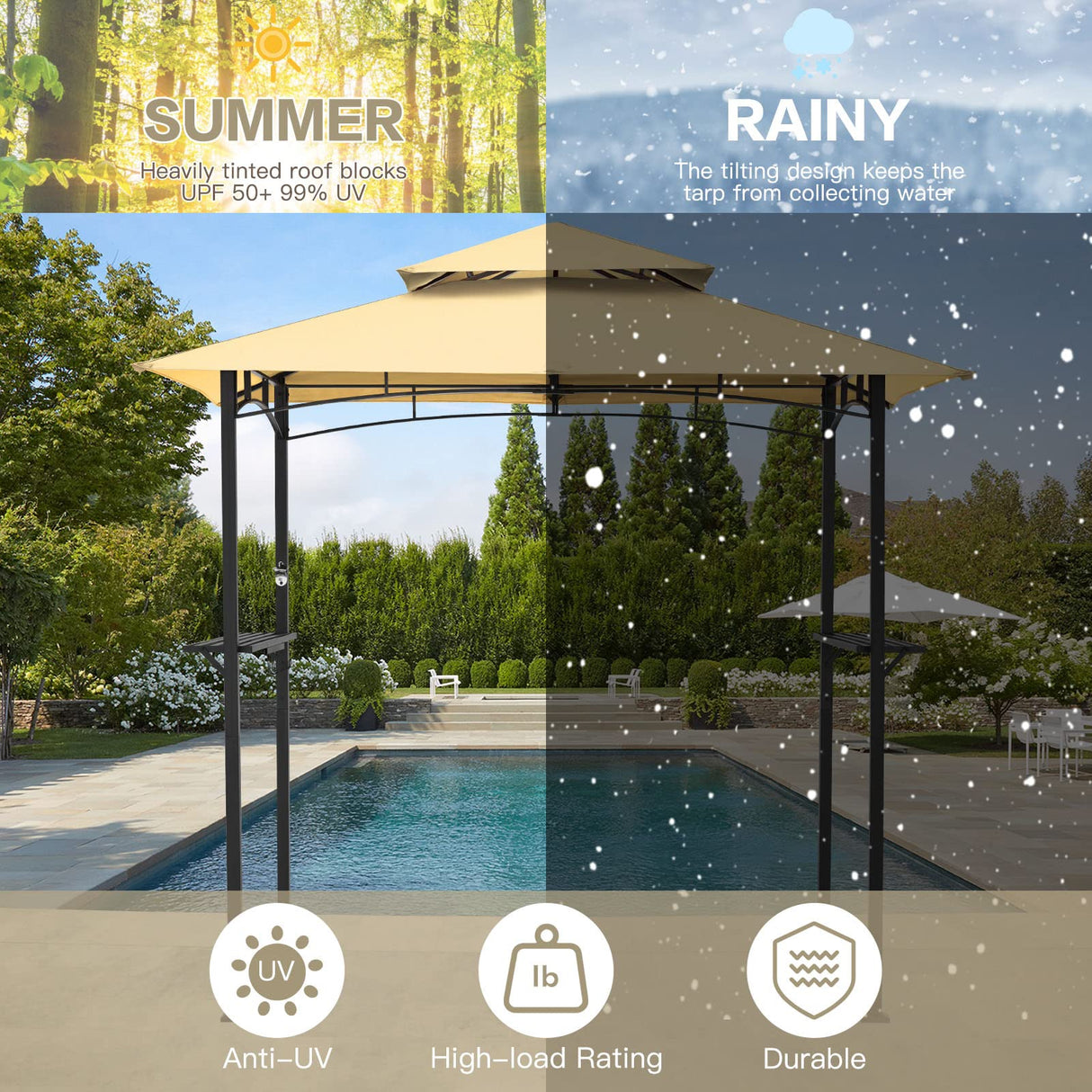 AECOJOY 8' x 5' Outdoor Grill Gazebo Canopy, BBQ Canopy for Outdoor Grill, 2- Tier BBQ Gazebo Shelter for Patio, Backyard and More (Beige) AECOJOY