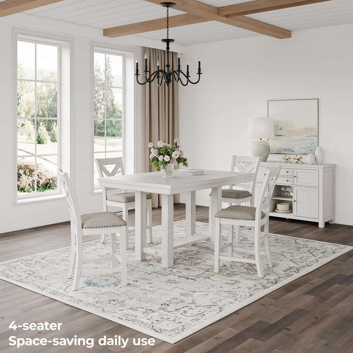 Signature Design by Ashley Robbinsdale Farmhouse Distressed Counter Height Dining Extension Table with Trestle Base, Planked Effect and 2 Removable End Leaves, White Signature Design by Ashley