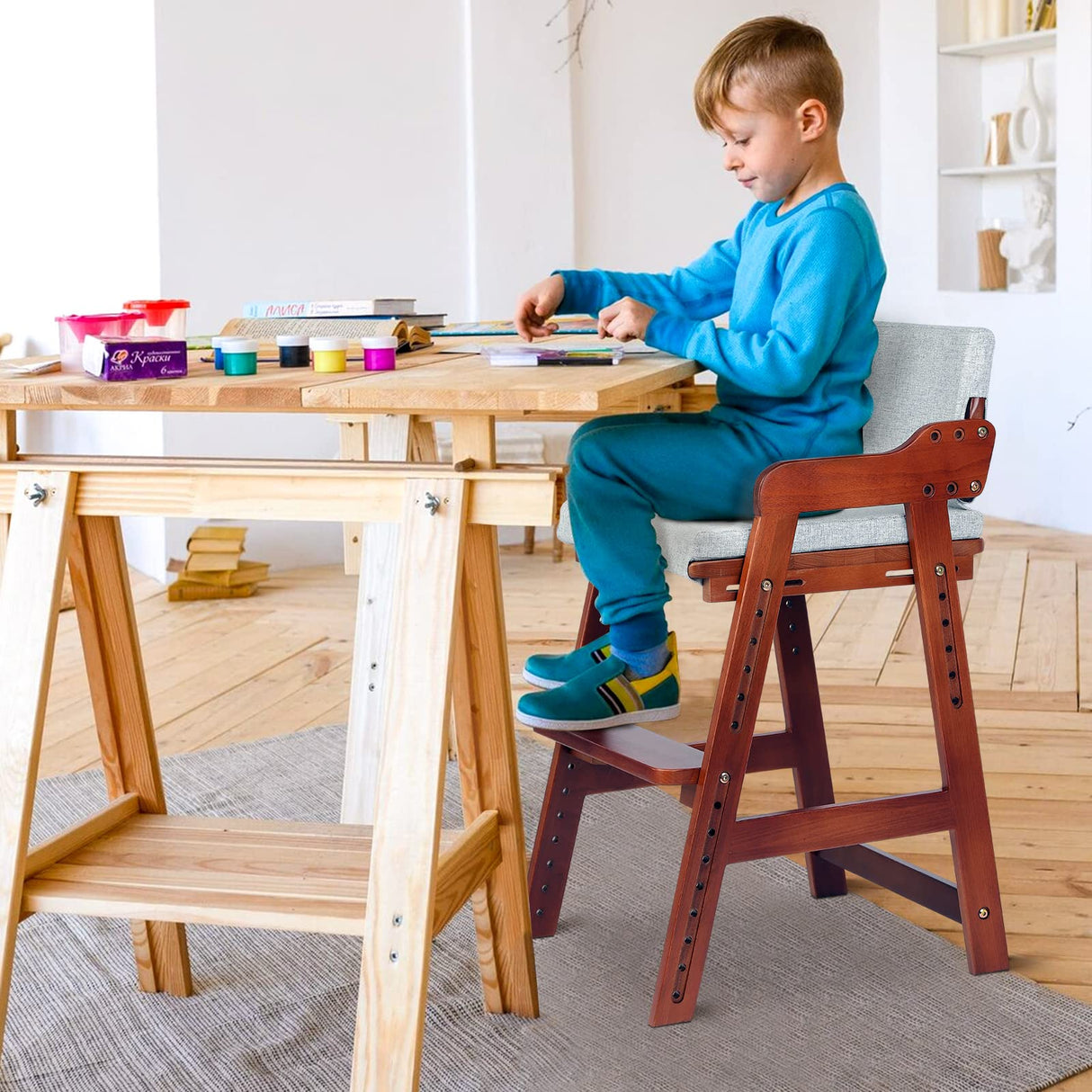 Ezebaby Wooden High Chair for Toddlers to Teens, Adjustable Kids Study Chair with Steps, Kids Dining Chair with Removable Cushion (Nut-Brown) Ezebaby