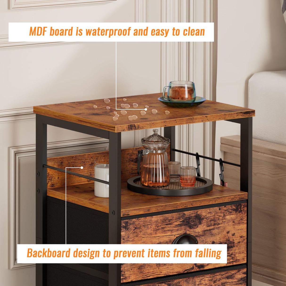 Furologee Nightstand with 2 Fabric Drawers, Bedside Table, End Table with Open Wood Shelf, Side Sofa Table with 2 Hooks for Bedroom/Living Room/Study/Halway/Rustic Brown Furologee