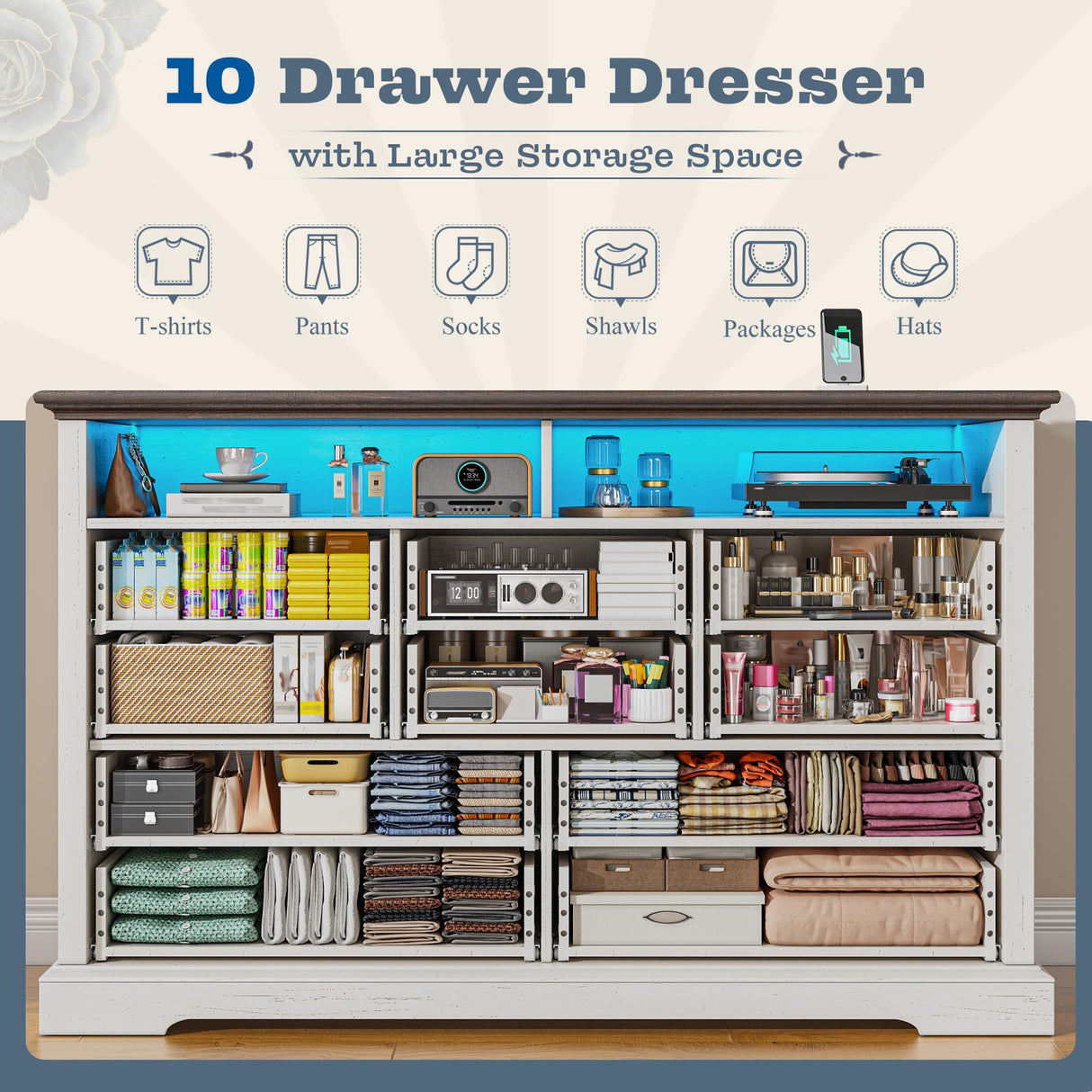Romorgniz 10 Drawer White Dresser for Bedroom, Large Farmhouse Dresser with LED Lights & Charging Station for Bedroom Romorgniz