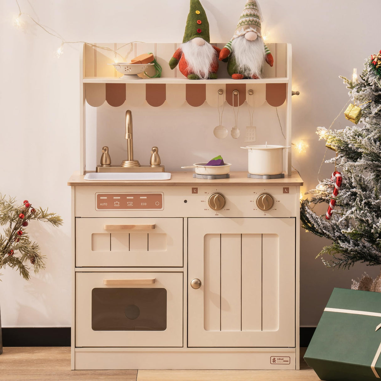 ROBUD Wooden Play Kitchen Set for Kids, Pretend Play Kitchen Toy Set with Golden Faucet, Sink, Oven, Stove, Cabinet, Vintage Style, Gift for Boys & Girls, Ages 3+ ROBUD