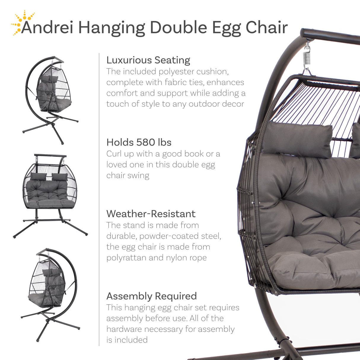 Sunnydaze Andrei Double Hanging Egg Chair with Stand - 2-Person Outdoor Egg Chair - Includes Steel Stand and Cushion - Dark Gray Sunnydaze