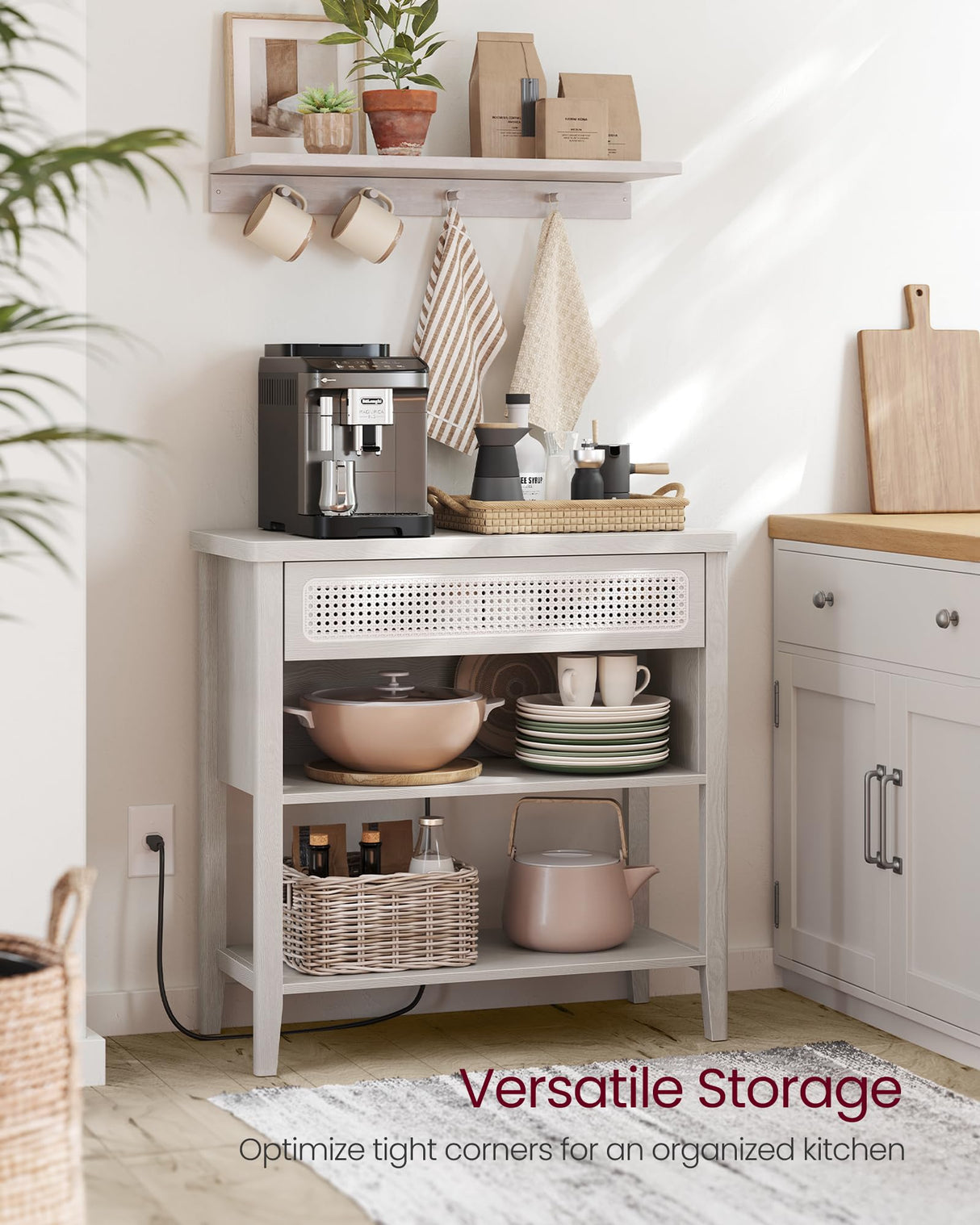 VASAGLE Console Table with Power Outlets, Entryway Table with Storage Shelf, Sofa Table with Drawer, Open Compartment, Rounded Corners, for Living Room, Boho Style, Oatmeal Beige ULNT140K66 VASAGLE