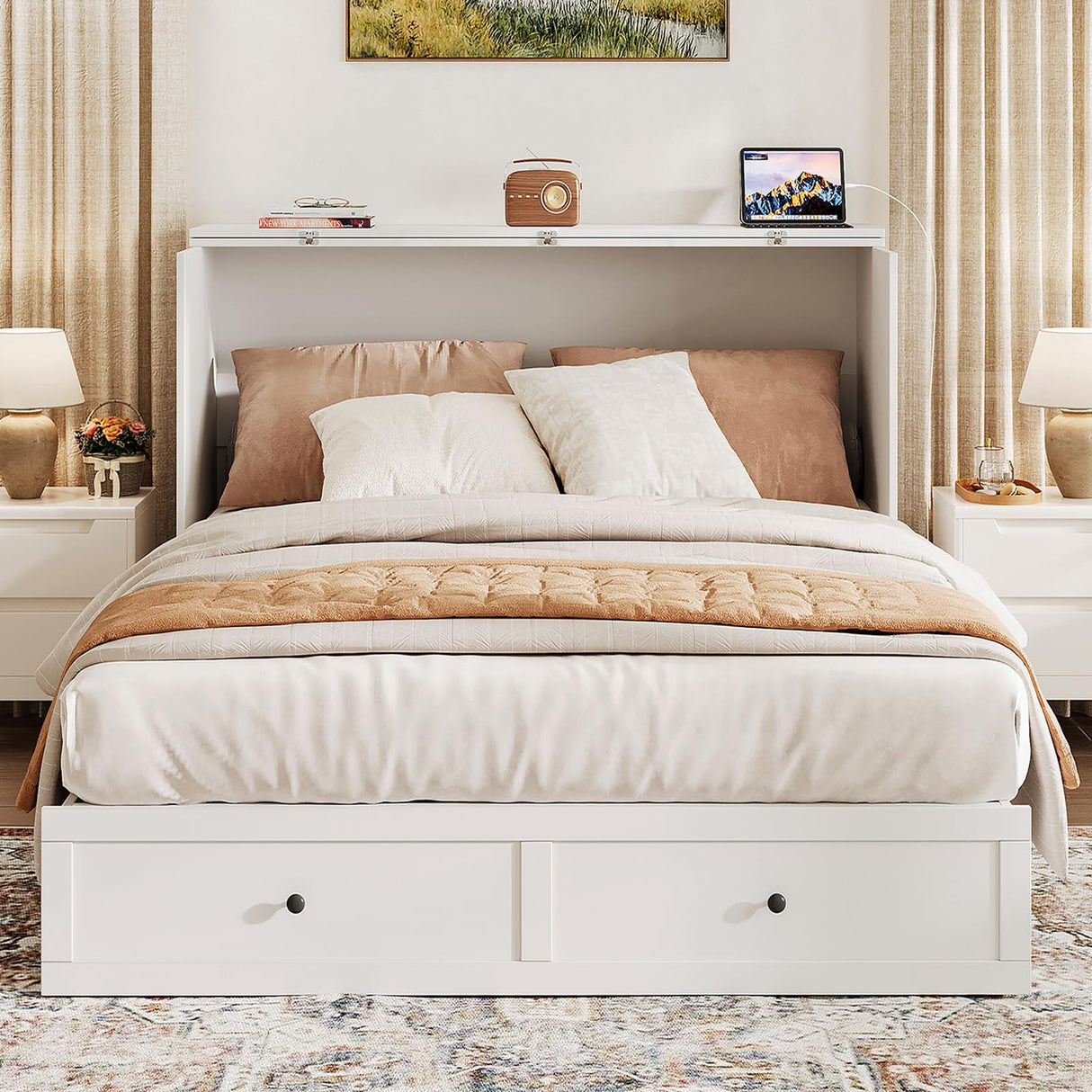 LIVAUVEAD Full Size Murphy Bed with Charging Station & Drawer, Full Size Mobile Cabinet Bed Frame, Murphy Chest Bed for Bedroom, Guest Room LIVAUVEAD